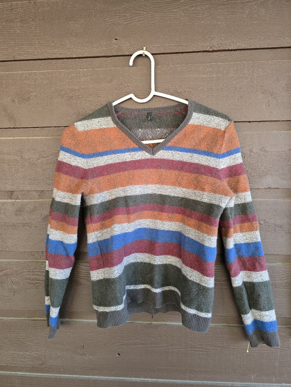 Stile Benetton Striped V-Neck Knit Sweater Large Multi-Color Earth Tone Indie Y2